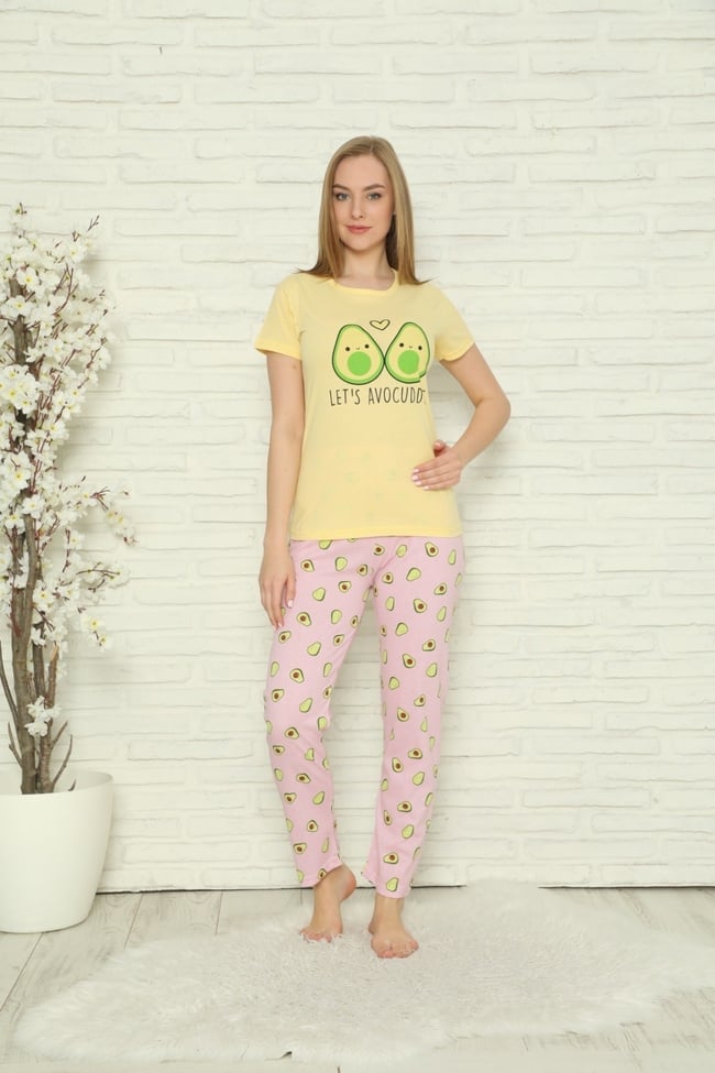 Kadın Sarı Avokado Desenli Desenli Pijama Takımı