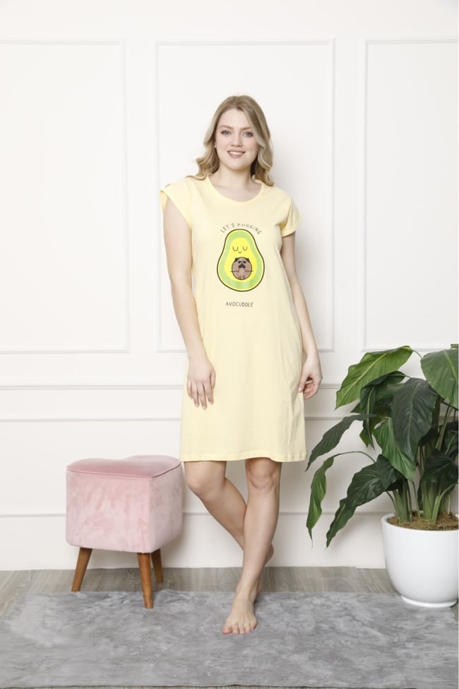 Kadın Sarı Renkli Büyük Avocado Desenli Gecelik Elbise