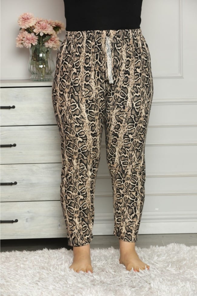 Kadın Sarı Yılan Desenli Süet Pijama Altı
