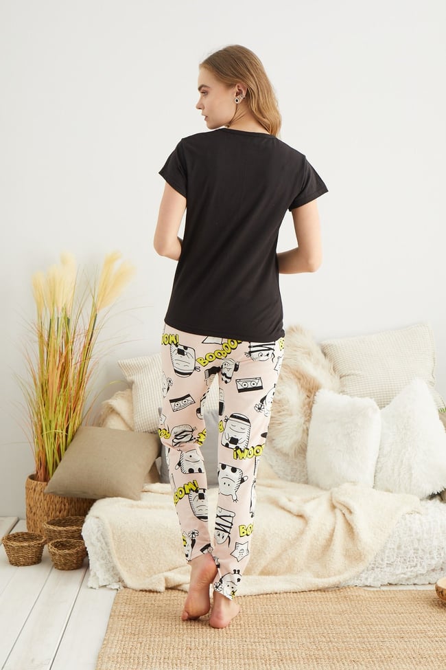 Kadın Siyah Boom Baskılı Pijama Takımı