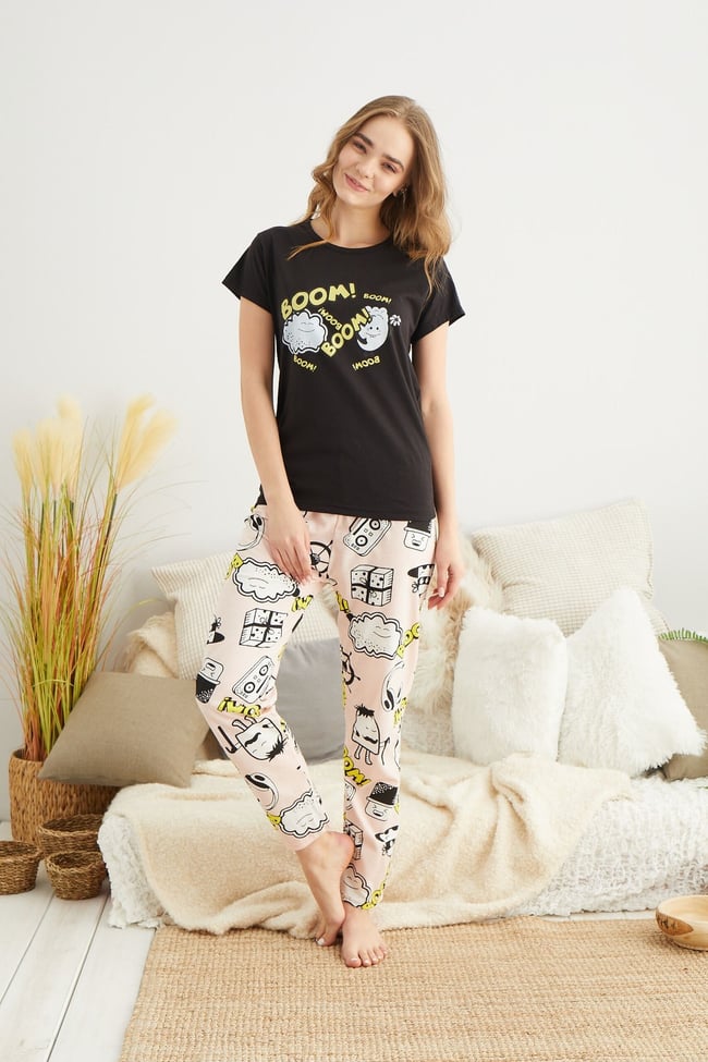 Kadın Siyah Boom Baskılı Pijama Takımı