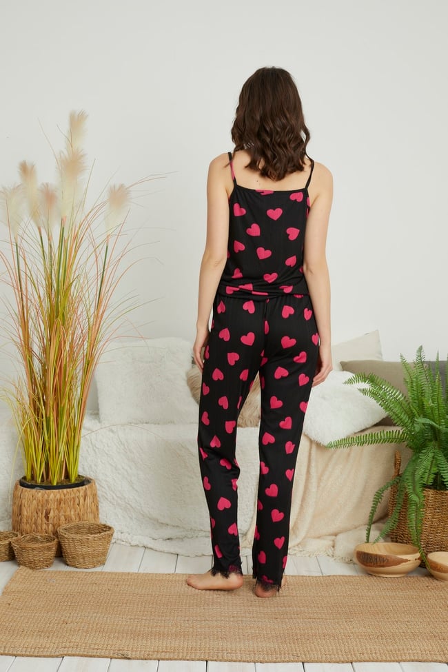 Kadın Siyah Fuşya Kalp Baskılı Sabahlıklı 3'lü Set Pegasus Pijama Takımı .