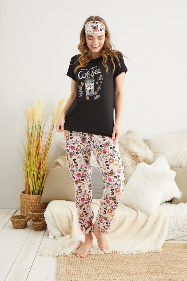 Kadın Siyah Kahve Baskılı Pijama Takımı