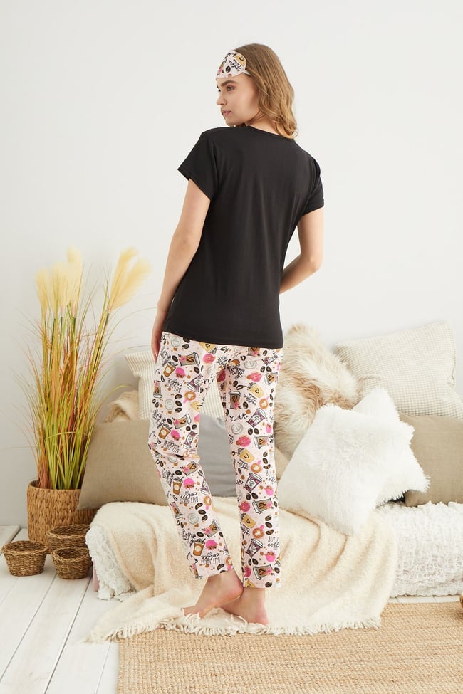 Kadın Siyah Kahve Baskılı Pijama Takımı