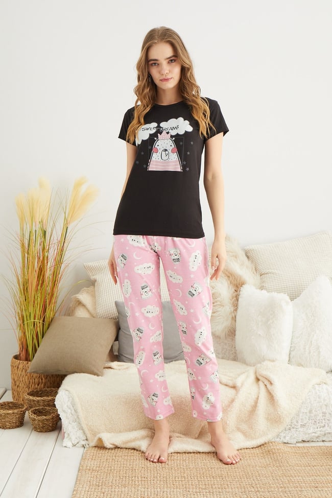 Kadın Siyah Sevimli Ayıcıklı Sweet Dreams Baskılı Pijama Takımı
