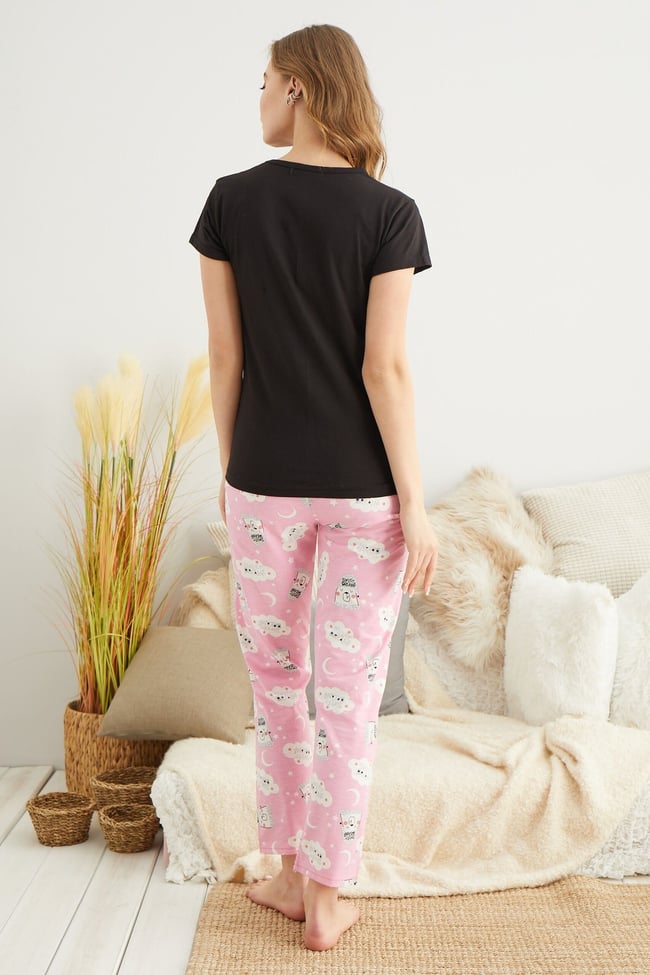Kadın Siyah Sevimli Ayıcıklı Sweet Dreams Baskılı Pijama Takımı
