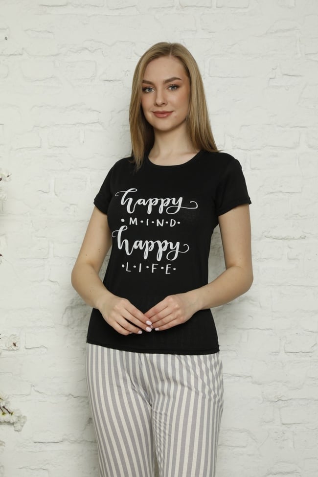 Kadın Siyah Yazılı Çizgili Pijama Takımı