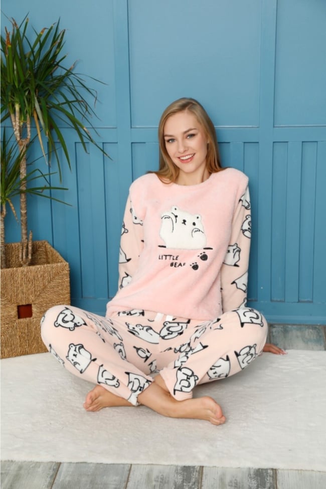 Kadın Somon Ayı Nakışlı Lıttle Bear Yazılı Polar Peluş Pijama Takımı