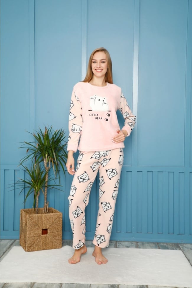 Kadın Somon Ayı Nakışlı Lıttle Bear Yazılı Polar Peluş Pijama Takımı
