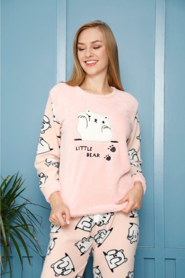 Kadın Somon Ayı Nakışlı Lıttle Bear Yazılı Polar Peluş Pijama Takımı