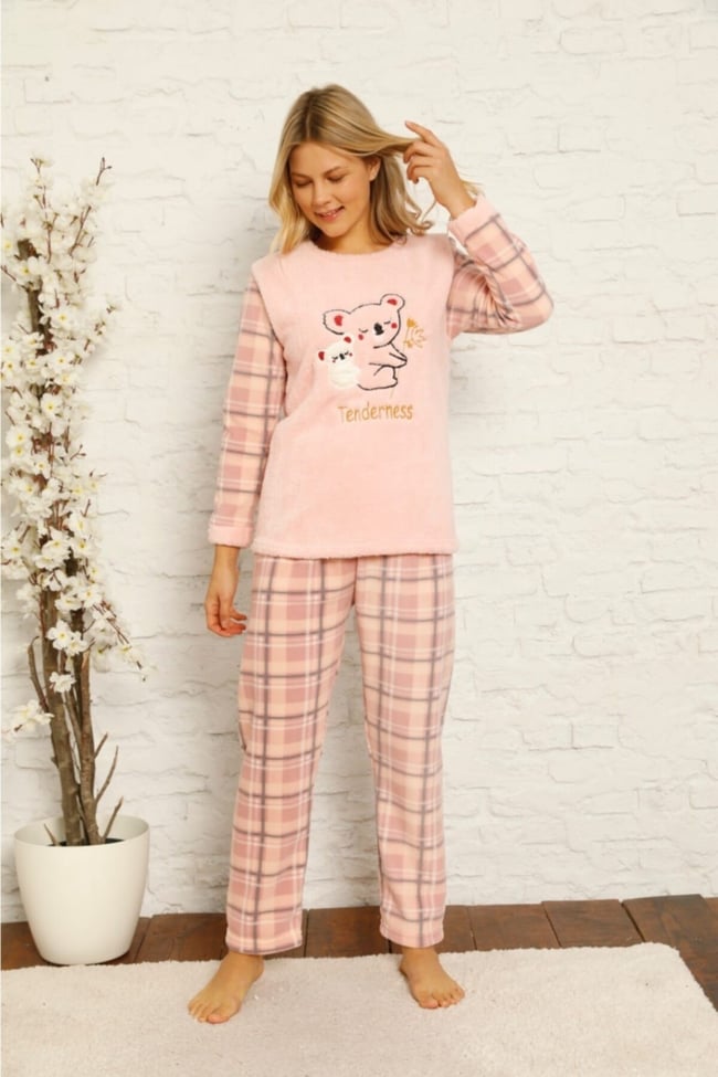 Kadın Somon Ayıcık Desenli Ekose Polar Peluş Pijama Takımı