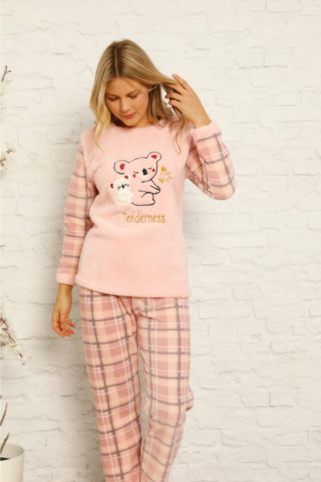 Kadın Somon Ayıcık Desenli Ekose Polar Peluş Pijama Takımı