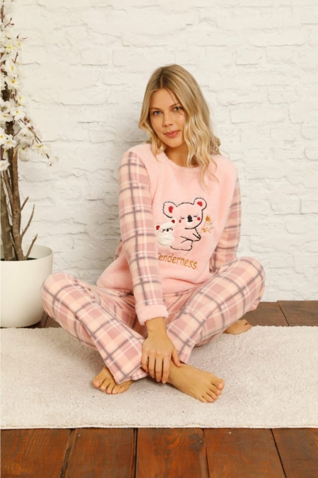Kadın Somon Ayıcık Desenli Ekose Polar Peluş Pijama Takımı