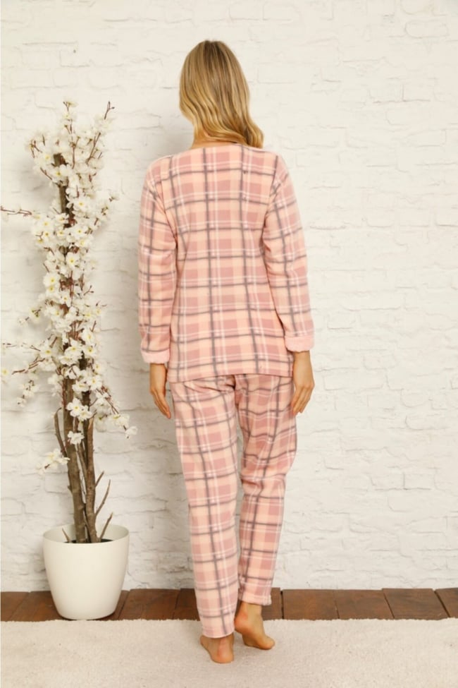 Kadın Somon Ayıcık Desenli Ekose Polar Peluş Pijama Takımı