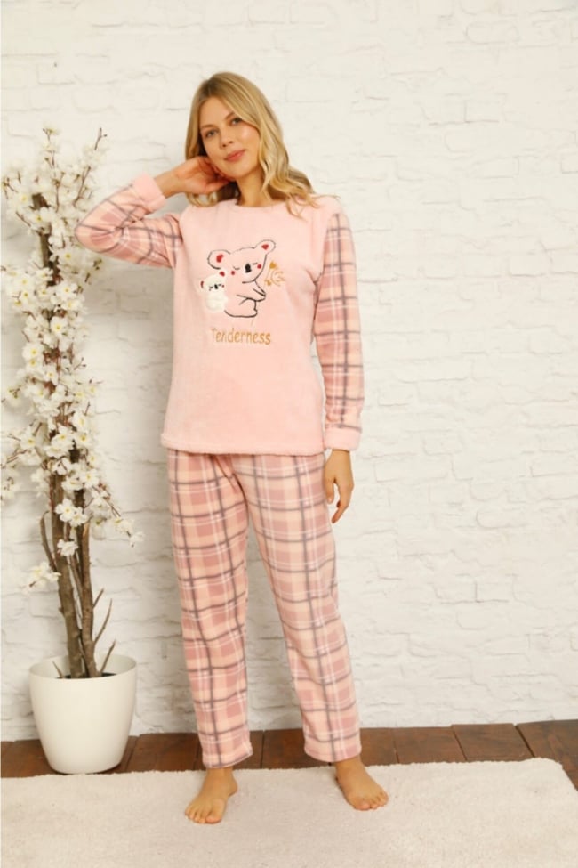 Kadın Somon Ayıcık Desenli Ekose Polar Peluş Pijama Takımı