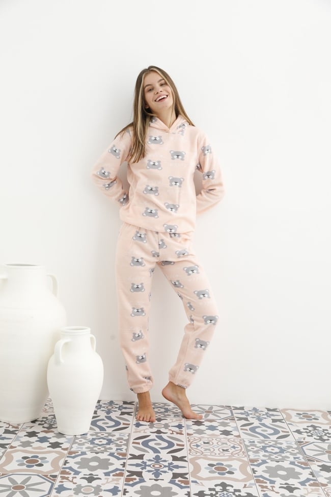 Kadın Somon Ayıcık Desenli Kapüşonlu Polar Pijama Takımı