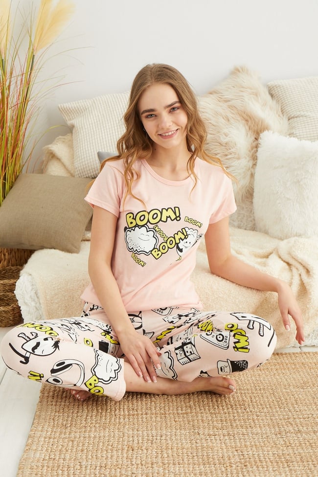 Kadın Somon Boom Baskılı Pijama Takımı