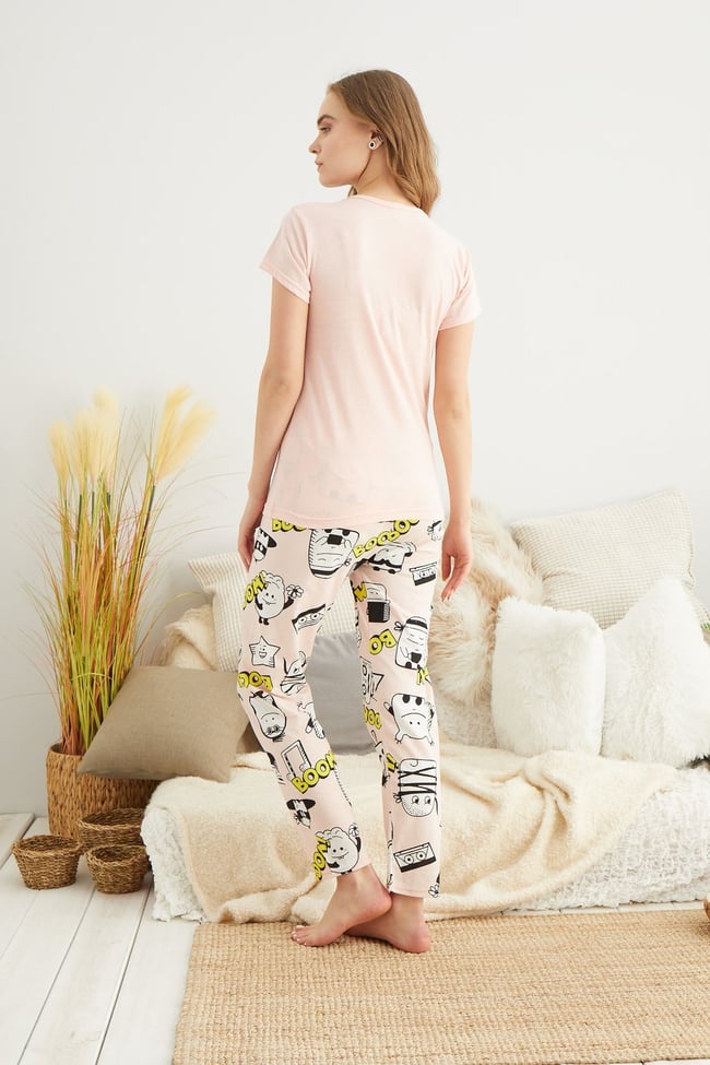 Kadın Somon Boom Baskılı Pijama Takımı