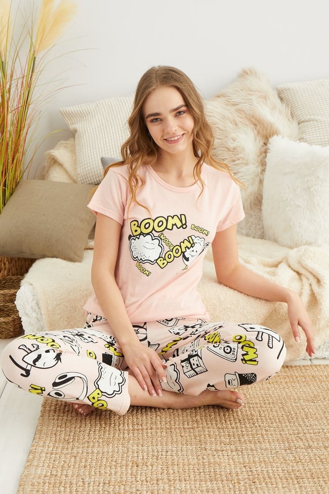 Kadın Somon Boom Baskılı Pijama Takımı