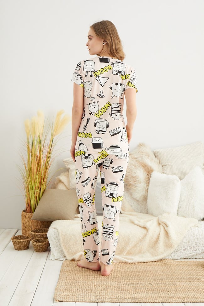Kadın Somon Boom Baskılı Pijama Takımı.