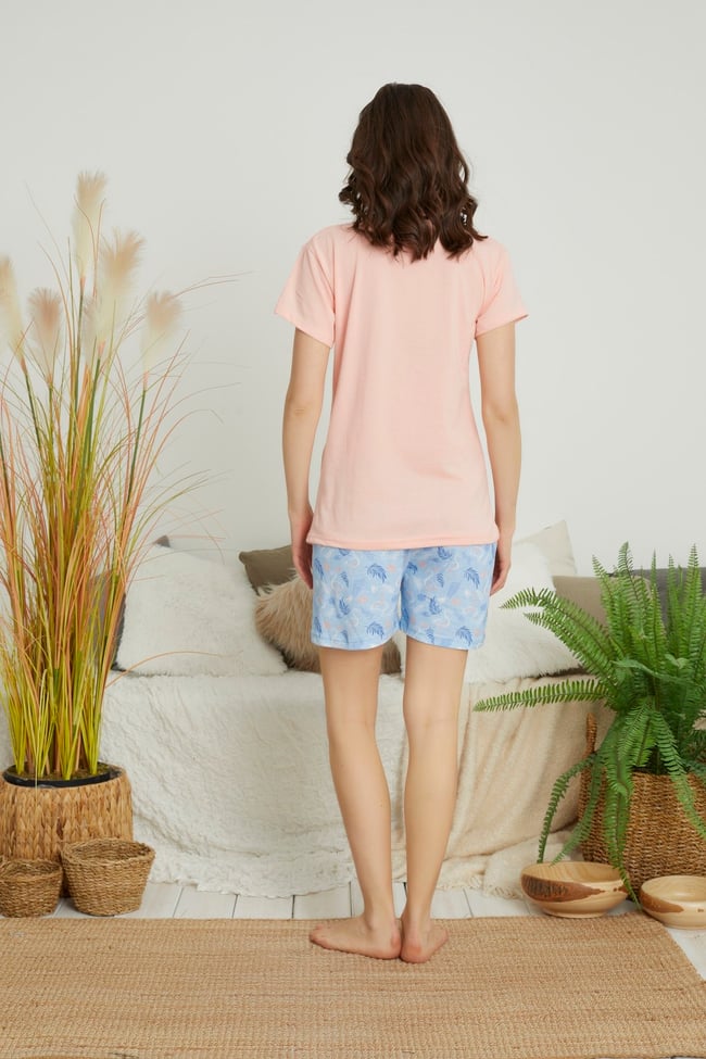 Kadın Somon Flamingo Baskılı Kısa Kollu Şortlu Pijama Takımı.