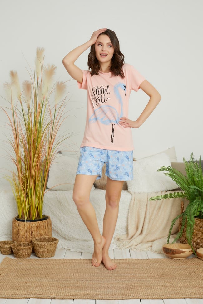 Kadın Somon Flamingo Baskılı Kısa Kollu Şortlu Pijama Takımı.
