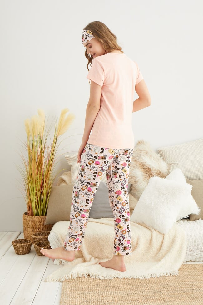 Kadın Somon Kahve Baskılı Pijama Takımı