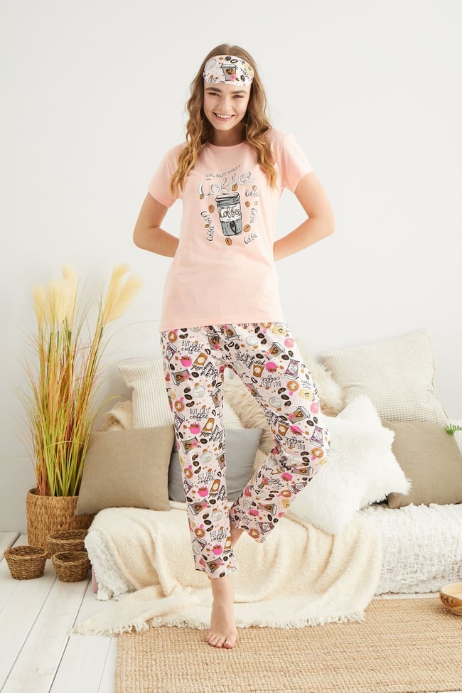 Kadın Somon Kahve Baskılı Pijama Takımı