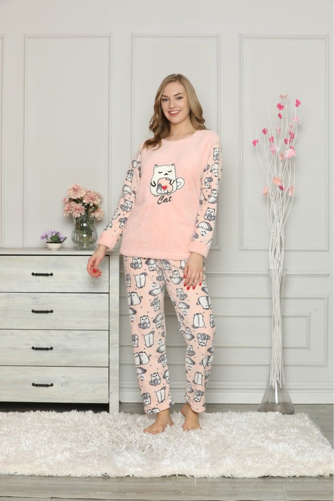 Kadın Somon Kedili Polar Pijama Takım