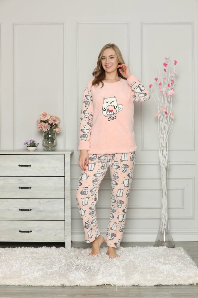 Kadın Somon Kedili Polar Pijama Takım
