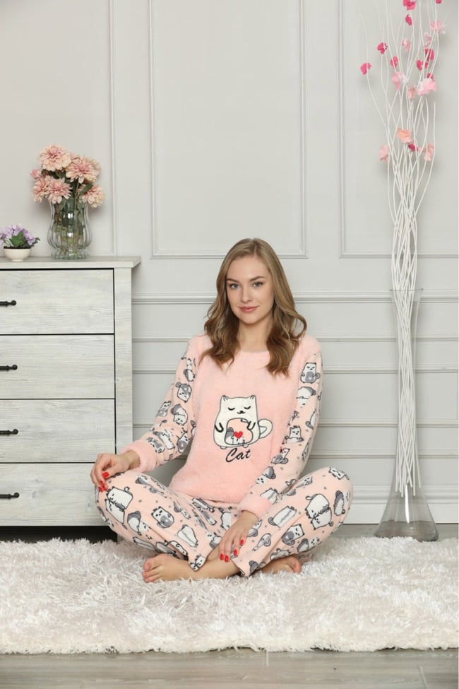 Kadın Somon Kedili Polar Pijama Takım
