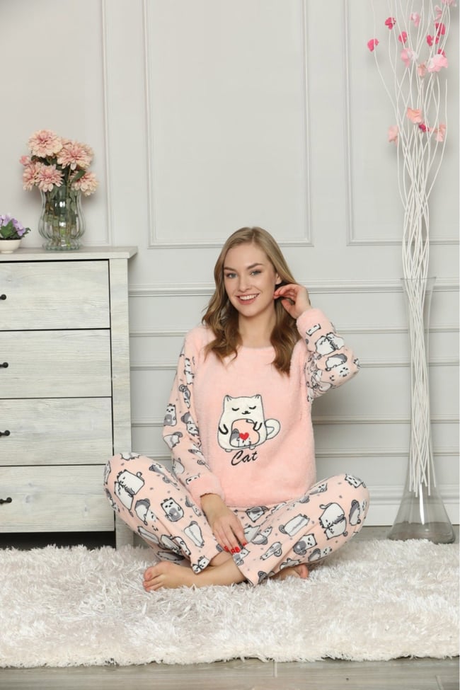 Kadın Somon Kedili Polar Pijama Takım