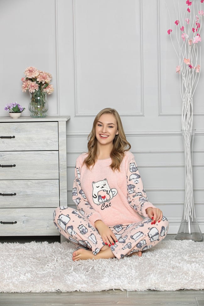 Kadın Somon Kedili Polar Pijama Takım
