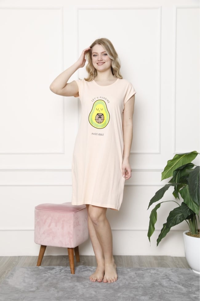 Kadın Somon Renkli Büyük Avocado Desenli Gecelik Elbise