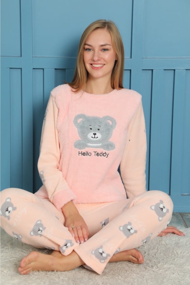 Kadın Somon Sevimli Ayıcık Hello Teddy Pelüş Polar Pijama Takımı