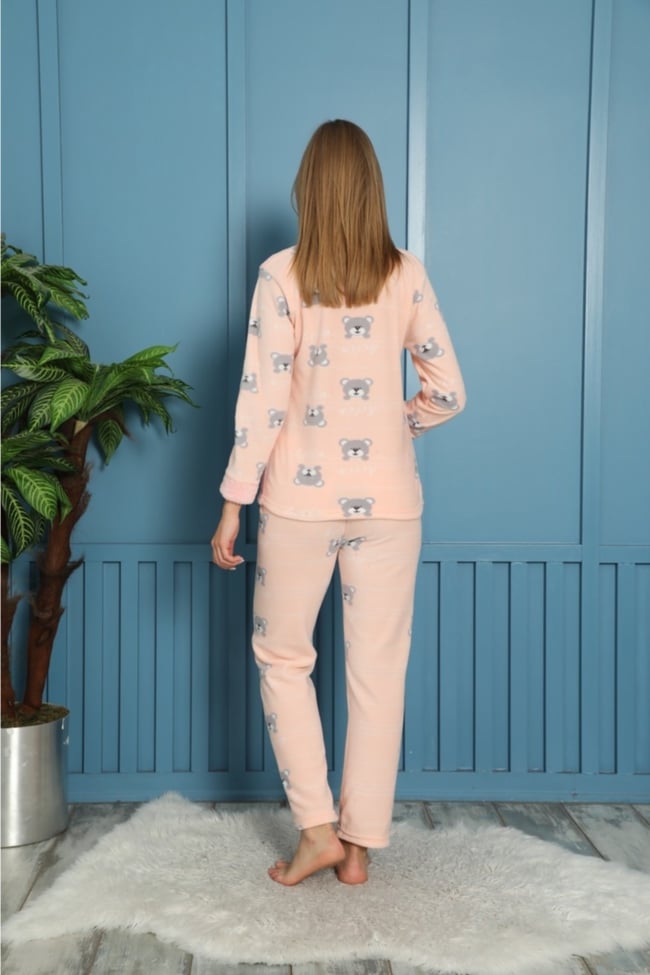 Kadın Somon Sevimli Ayıcık Hello Teddy Pelüş Polar Pijama Takımı