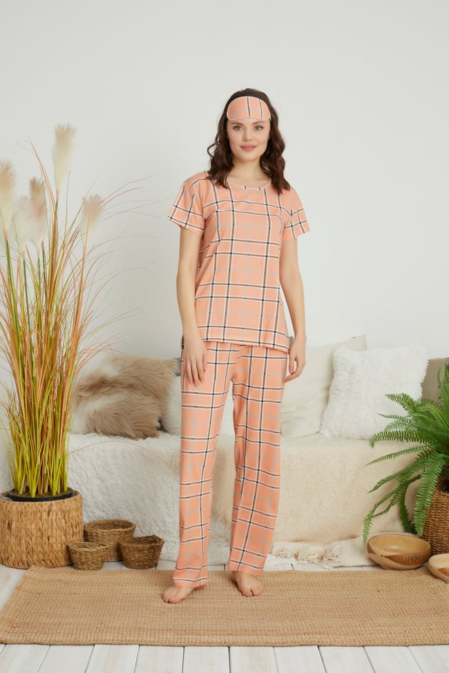 Kadın Somon Siyah Çizgili Ekoseli Kısa Kollu Altı Uzun Pijama Takımı.