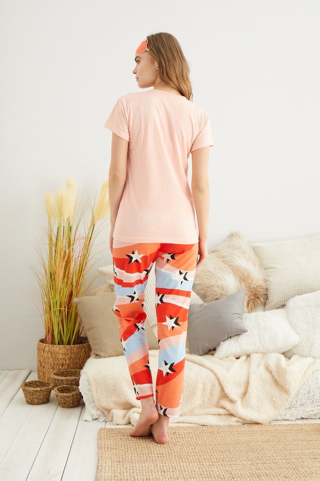 Kadın Somon Yıldız Baskılı Pijama Takımı