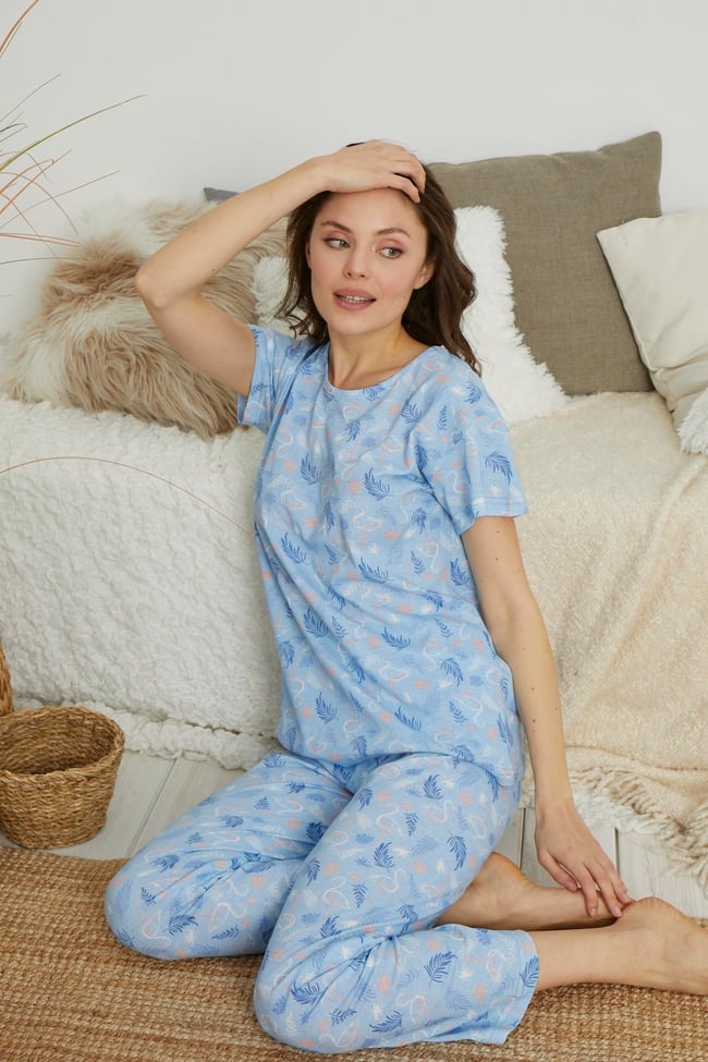 Kadın Su Mavisi Flamingo Baskılı Kısa Kollu Altı Uzun Pijama Takımı.