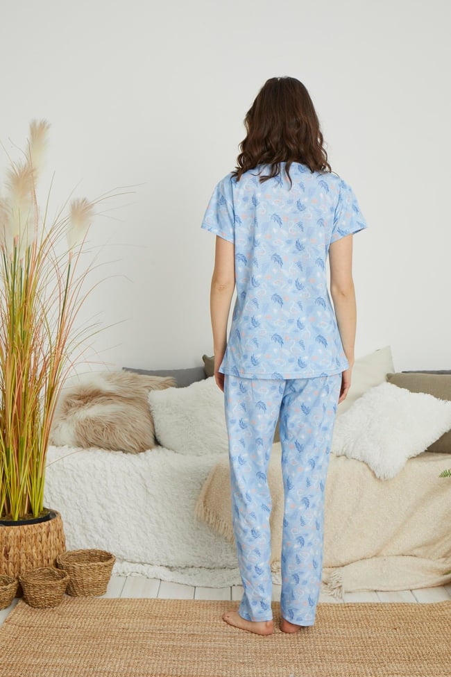 Kadın Su Mavisi Flamingo Baskılı Kısa Kollu Altı Uzun Pijama Takımı.