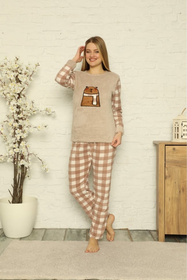 Kadın Taş - Beyaz Ekoseli Ayıcıklı Polar Pijama Takım