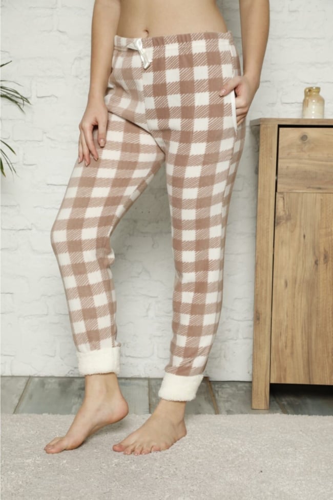 Kadın Taş-beyaz Paçası Pelüş Ekoseli Cepli Polar Pijama Altı