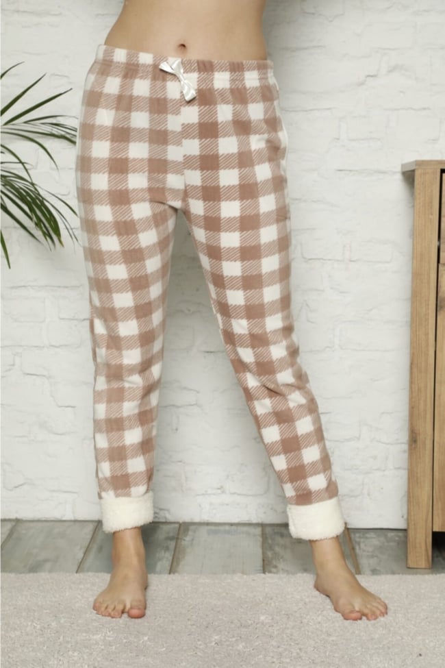 Kadın Taş-beyaz Paçası Pelüş Ekoseli Cepli Polar Pijama Altı