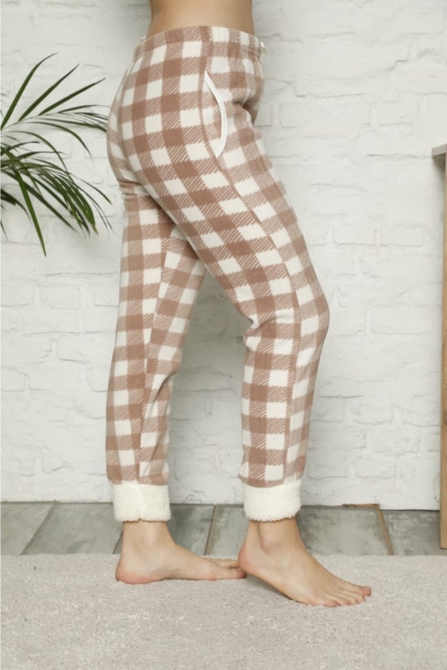 Kadın Taş-beyaz Paçası Pelüş Ekoseli Cepli Polar Pijama Altı