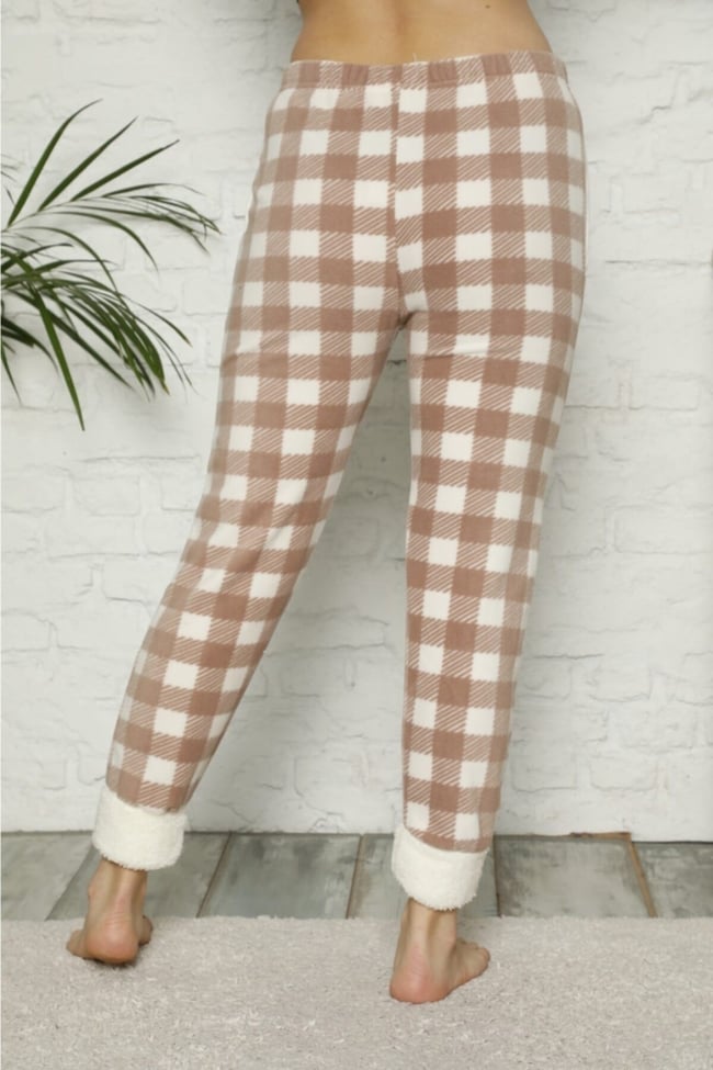 Kadın Taş-beyaz Paçası Pelüş Ekoseli Cepli Polar Pijama Altı