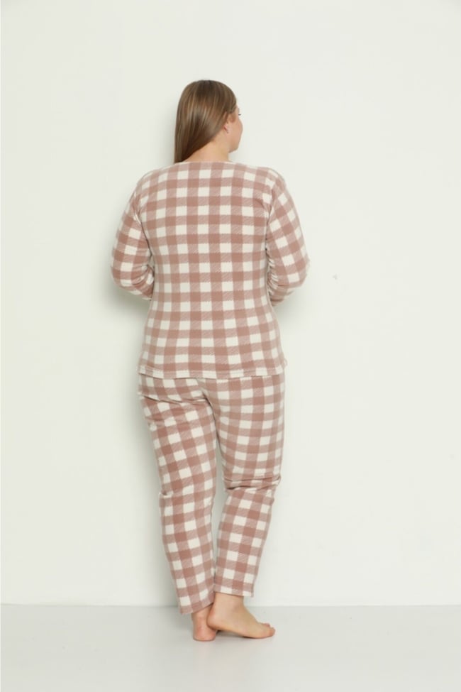 Kadın Taş Büyük Kalpli Ekose Desenli Polar Peluş Pijama Takımı