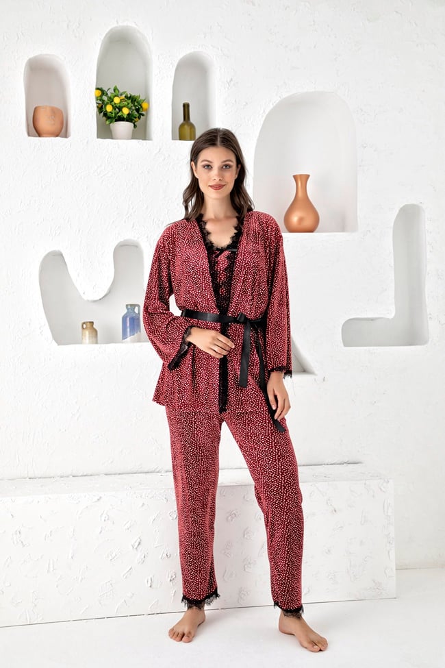 Kadın Vişne Çürüğü Puan Baskılı Fransız Kadife Ip Askılı Altı Uzun Sabahlıklı 3'lü Pijama Takımı Set