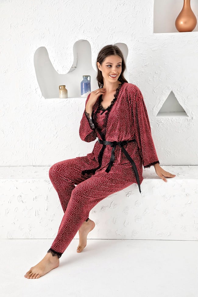 Kadın Vişne Çürüğü Puan Baskılı Fransız Kadife Ip Askılı Altı Uzun Sabahlıklı 3'lü Pijama Takımı Set