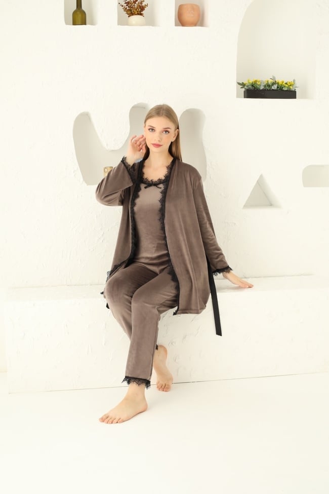 Kadın Vizon Ithal Fransız Kadife Ip Askılı Altı Uzun Sabahlıklı 3'lü Pijama Takımı Set