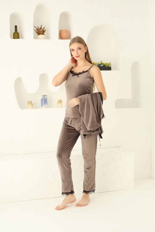 Kadın Vizon Ithal Fransız Kadife Ip Askılı Altı Uzun Sabahlıklı 3'lü Pijama Takımı Set